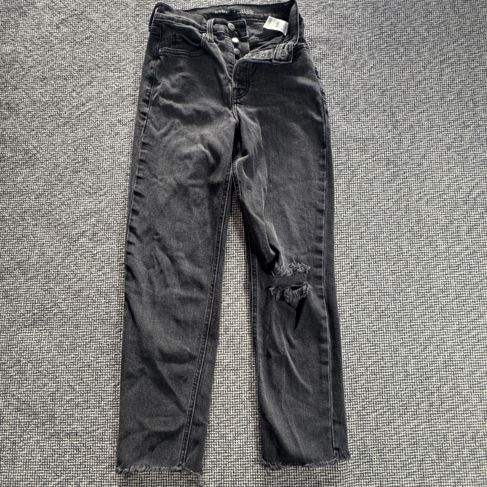 Old Navy Sky Hi Straight Jeans Washed Black Distressed Raw Hem Button Fly Size 0
